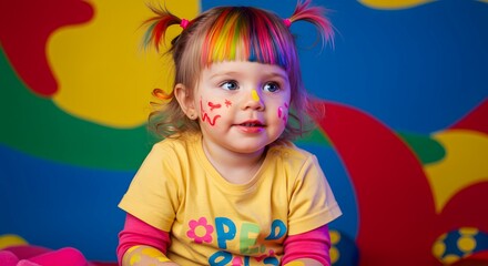 Fototapeta premium Playful toddler with colorful hair and paint on her face, smiling in front of an abstract artistic backdrop