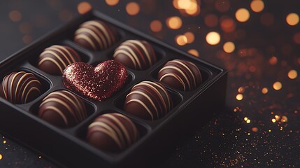 Box of chocolate truffles and a red heart with glitter displayed against a background with bokeh lights