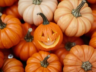 A lit jack o lantern pumpkin surrounded by a pile of fresh pumpkins