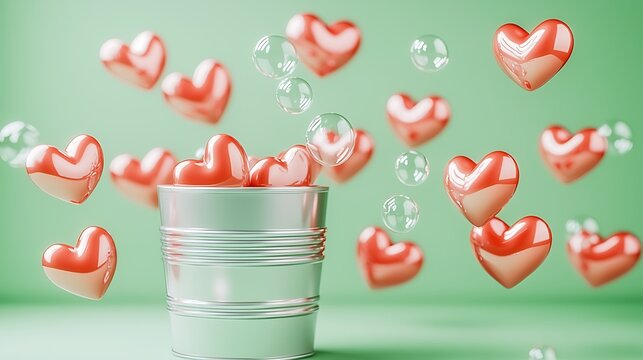 Shiny red hearts and bubbles float around a silver tin can against a light green background