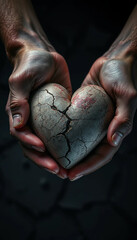 Obraz premium Hands cradle a broken stone heart symbolizing love pain and loss against a dark background conveying a sense of sadness grief and emotional vulnerability