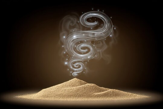 Enigmatic swirling patterns emerging from a mound of organic material illuminated against the dark backdrop creating a mystifying atmosphere evoking curiosity and fascination