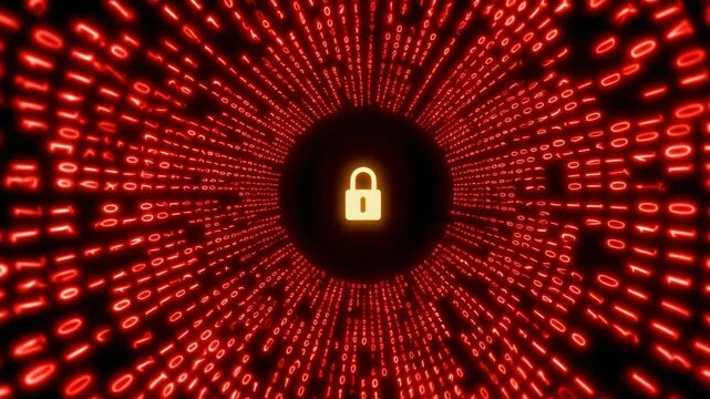Visual Representation of Secure Data Transmission with Glowing Padlock Surrounded by Streams of Binary Code in Red