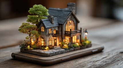 Smart Home and IoT Concept. Smartphone and Miniature House on Wood Table. Modern Technology and Automation for Connected Living.