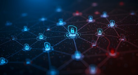 Digital network connections, cybersecurity, and data protection illustrated as a secure network of interconnected nodes with lock icons symbolizing safety and privacy