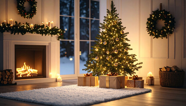 christmas tree with fireplace and gifts - Powered by Adobe