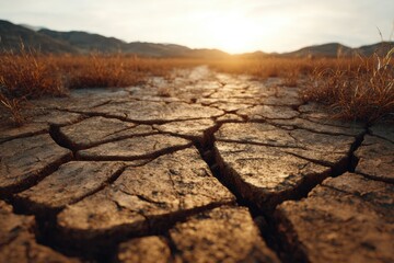 Dry cracked earth in countryside, intense sunlight, dead crops, global food crisis, climate change concept.