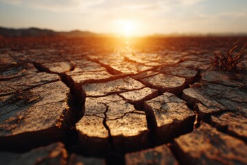 Dry cracked earth in countryside, intense sunlight, dead crops, global food crisis, climate change concept.