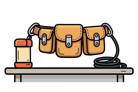 Brown Leather Tool Belt with Pouches and a Flashlight on a Table, Flat Vector Illustration