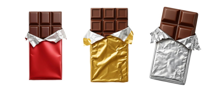 Three chocolate bars unwrapped in red gold and silver foil isolated on transparent background
