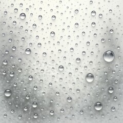 Transparent water droplets on a monotone background. Realistic water droplets on a grayish background.