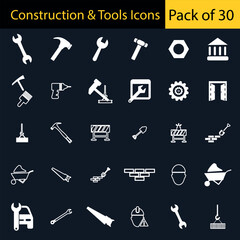 Flat icon collection of repair, fixing and construction equipment including wrench, tape, helmet, measuring scale and machinery parts

