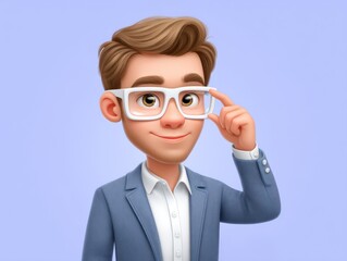 A confident young man wearing stylish glasses and dressed in a smart suit shares an engaging moment where he playfully touches his glasses conveying a sense of intellectual curiosity and modern