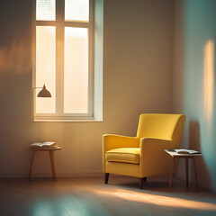 The text describes a sunlit, minimalist corner reading space with a yellow chair.