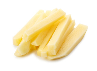 Cut raw potatoes into long strips for making French fries isolated on a transparent background