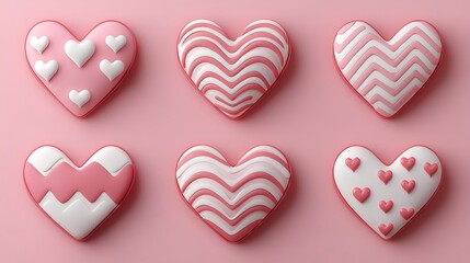 Fototapeta premium Six heart shaped objects with different patterns pink and white colors arranged on a pink background