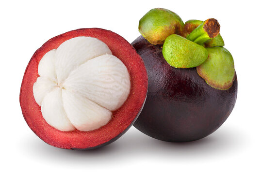 Ripe mangosteen showing white flesh isolated on a transparent background