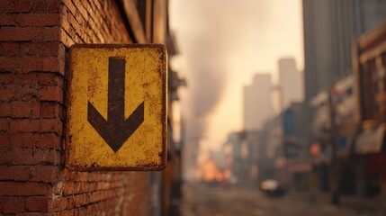 A weathered, yellow warning sign with a diagonal arrow points down on a city street. The sign is mounted on a brick wall. Smoke and haze fill the background.