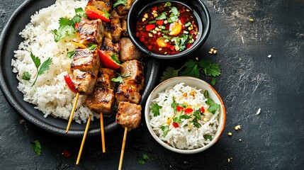 Delicious Grilled Meat Skewers with Rice and Spicy Sauce Platter
