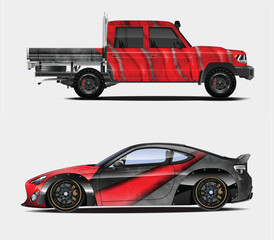 Customized Red and Black Truck and Sports Car with Unique Designs