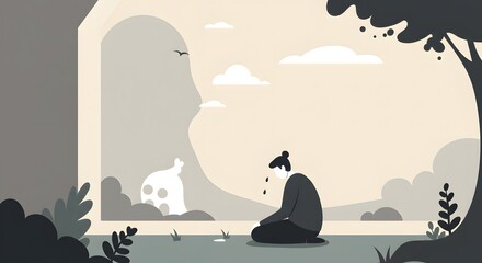 Illustration of a person kneeling in front of a scenic backdrop with a serene and introspective mood reflecting on nature, thoughts and inner peace