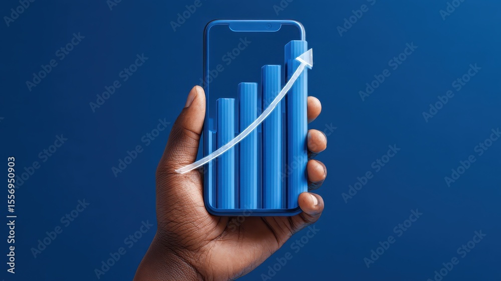 Poster a hand holding a smartphone with a 3d bar graph and upward curve projection emerging from the screen
