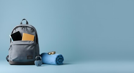 Grey Backpack Packed for Travel Adventure Awaits, Essential Items, Travel Gear, Vacation Essentials, Packing Tips