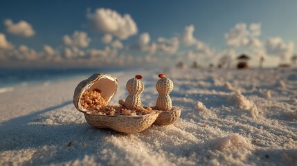 Two peanuts in a heart-shaped shell gazing at the white sandy beach during the evening. A whimsical and romantic scene blending nature elements with symbolic love imagery.