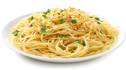 Minimalist Presentation of Pasta Dish on White Background with Garnish and Spices for Culinary Use