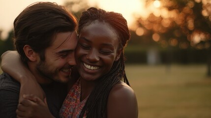 A young couple of different ethnic backgrounds embraces in a park at sunset, laughing and holding each other close, showing a genuine moment of affection and love