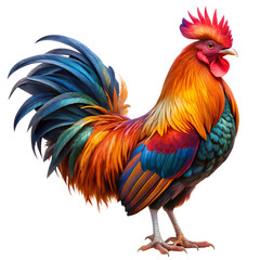 Fototapeta premium A vibrant rooster standing tall with colorful plumage against a black background in full view shot