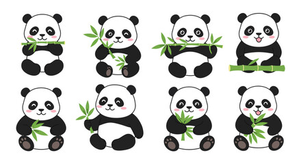 Cute cartoon baby panda character animal vector illustration set