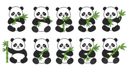 Obraz premium Cute cartoon panda bear animal vector illustration set with seamless patterns