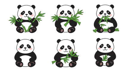 Naklejka premium Cute cartoon panda bear animal vector illustration set with seamless patterns