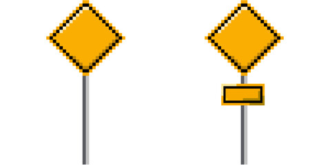 Pixel yellow road sign vector, designed with a retro, 8-bit aesthetic. Perfect for gaming warnings, digital caution indicators, vintage traffic alerts © Xharites