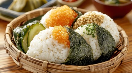 Delicious Handmade Rice Balls with Seaweed and Colorful Toppings