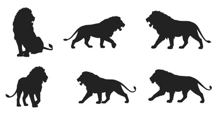 A vector collection of isolated black animal silhouettes including dogs, horses, cats, wolves, bears, tigers, elephants, cows, and deer