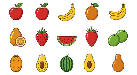 A vibrant vector collection of fresh fruit and vegetable icons including apple, strawberry, banana, orange, and watermelon