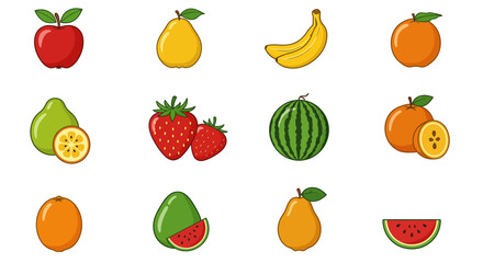 A vibrant vector collection of healthy fruit and vegetable icons including apple, strawberry, orange, banana, cherry, watermelon, lemon, pineapple, peach, mango, plum, grapes, and melon