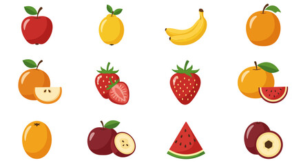 A vibrant vector collection of fresh fruit and vegetable icons including apple, strawberry, orange, banana, lemon, pear, kiwi, watermelon, peach, pineapple, and grapes