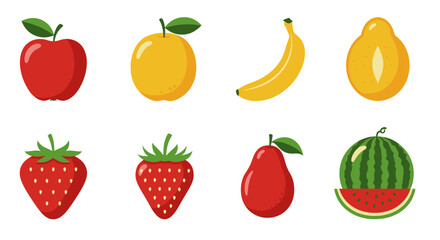 A vibrant collection of fresh cartoon fruits and vegetables, including apples, oranges, cherries, bananas, and watermelons, perfect for healthy food illustrations