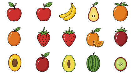 A colorful vector set of various healthy fruits and vegetables including apple, banana, orange, strawberry, and tomato