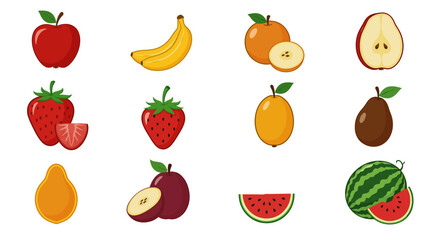A vibrant cartoon collection of fresh, healthy fruits and vegetables, including apples, strawberries, oranges, bananas, cherries, pears, lemons, watermelons, pineapples, peaches, kiwis, and grapes
