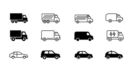 A vector set of transportation icons including cars, trucks, buses, vans, and taxis for various travel and delivery designs