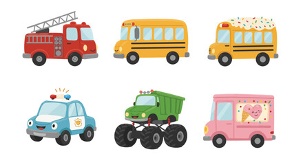 Set of cartoon vehicle icons: cars, trucks, buses, and trains, perfect for transport and traffic designs