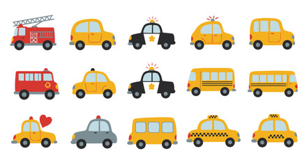 A vector illustration set features various construction equipment icons alongside a range of cartoon vehicles like cars, taxis, trucks, and buses, symbolizing urban transport and road travel © grvect02