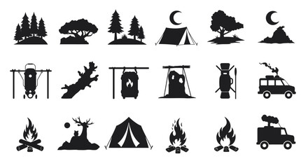 A vector set of black camping and travel icons, including a tent, campfire, boat, and other summer holiday symbols for your design collection