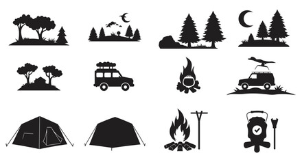 Set of nautical travel and camping icons with boat, sea, and sun vector illustrations