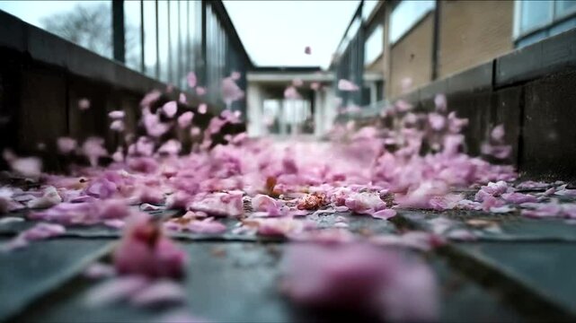 Pink flower petals scattered on a walkway.