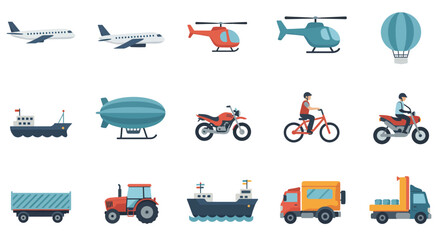 Transportation Icons Set with Cars Buses Trains Planes and More